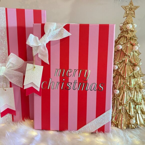 Shabby Chic Pink Red Christmas Stripe Set 2 Holiday Gift Boxes Ribbon & Tags - Picture 3 of 4